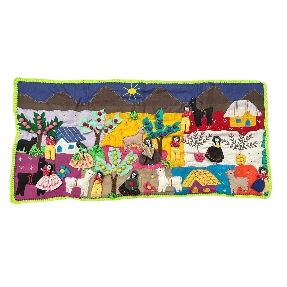 Handmade Peruvian Arpillera Folk Art Wall Hanging Large Multi-Color Boho Decor
